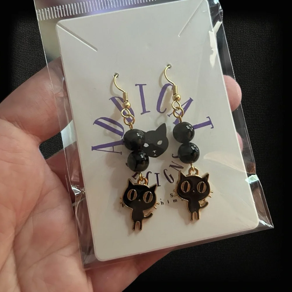 Hand Crafted Earring Cats Obsidian Kitty Black Dangle Pierced - Picture 2 of 8